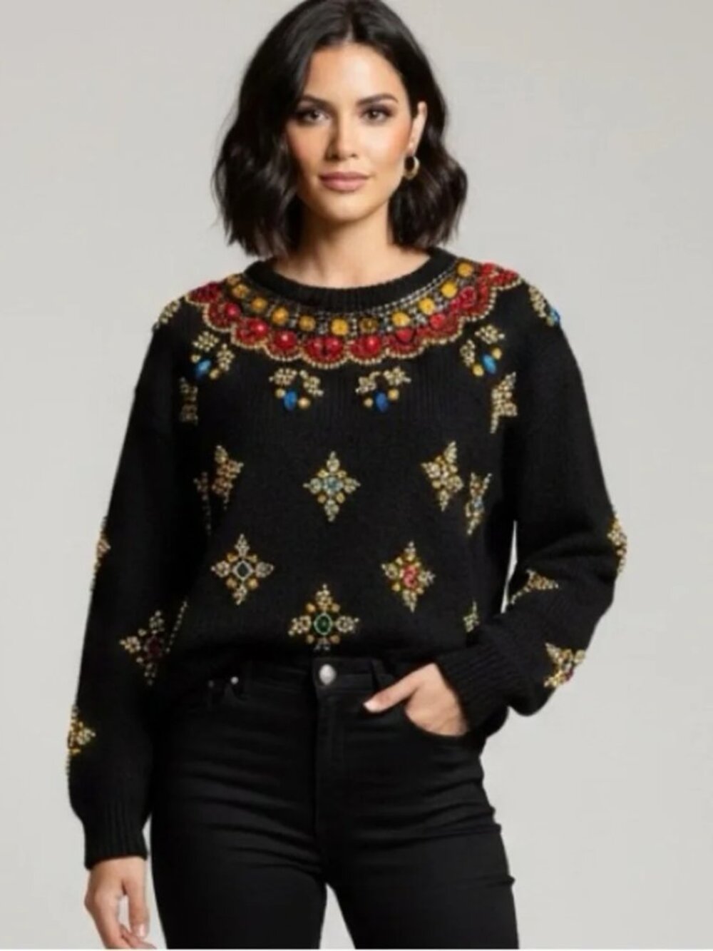 ** Vintage Black Bead Embellished Silk Angora Wool Blend Sweater Dress Size S
